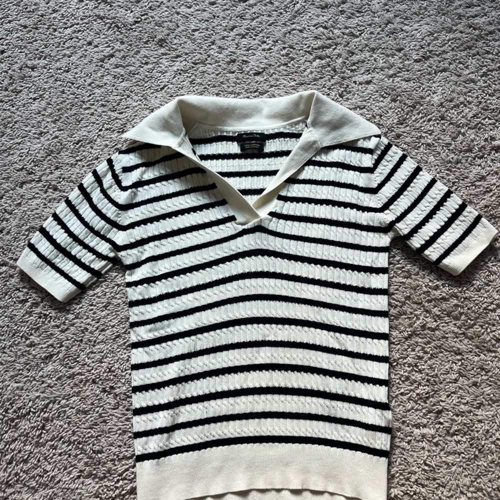 Massimo Dutti XS Black & White Striped Knit Top — Cotton Crewneck